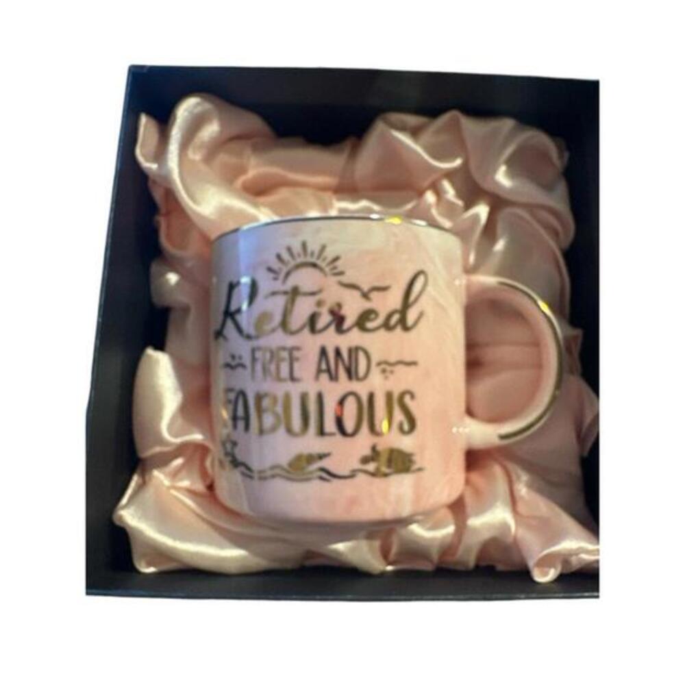 Handmade Retired Free And Fabulous Pink Swirl Cup Mug Gold Tone
